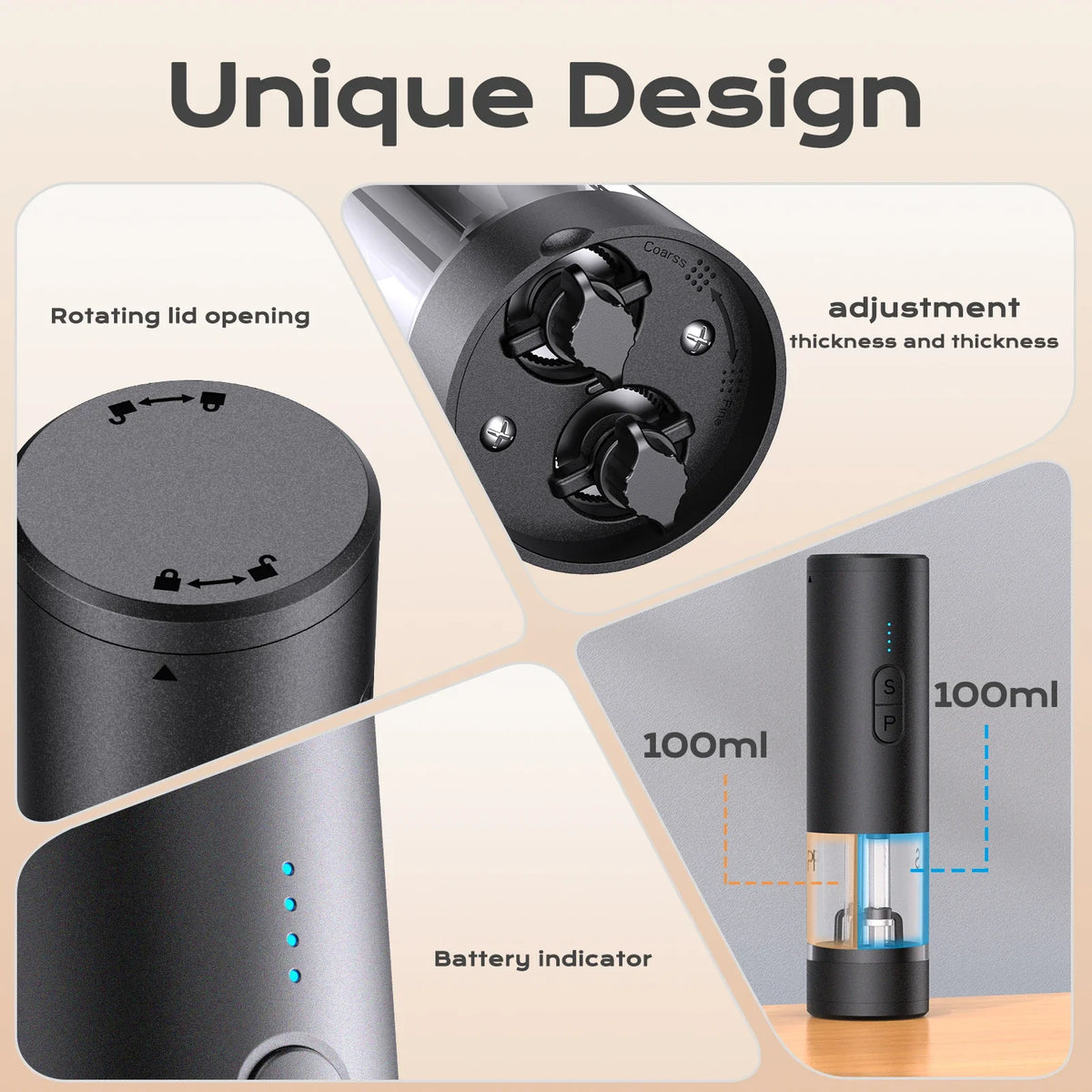 Rechargeable Electric Salt and Pepper Grinder with LED Light, Adjustable Coarseness, Designed for One-Handed Kitchen Cooking