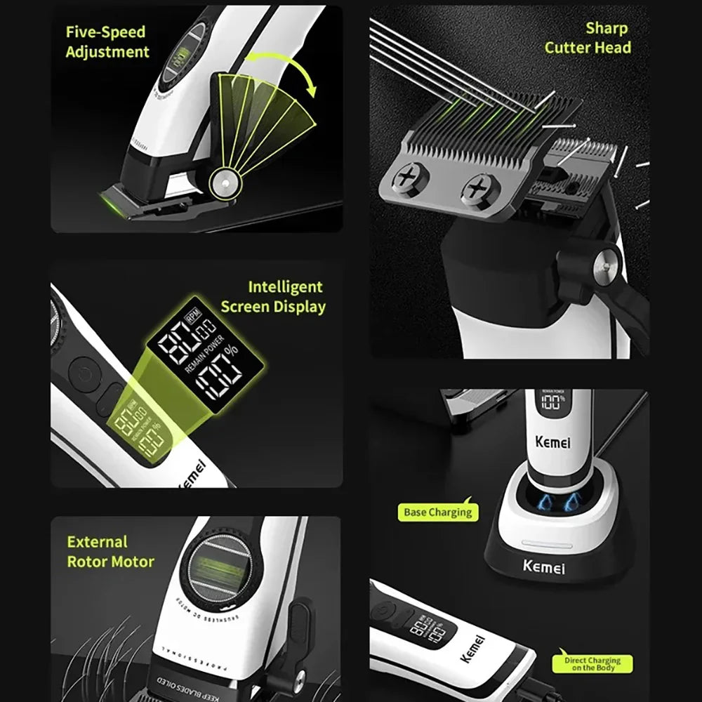 Kemei 1593 Barber Professional Hair Clipper Rechargeable Trimmer Electric Hair Cutting Machine External Rotor Brushless Motor