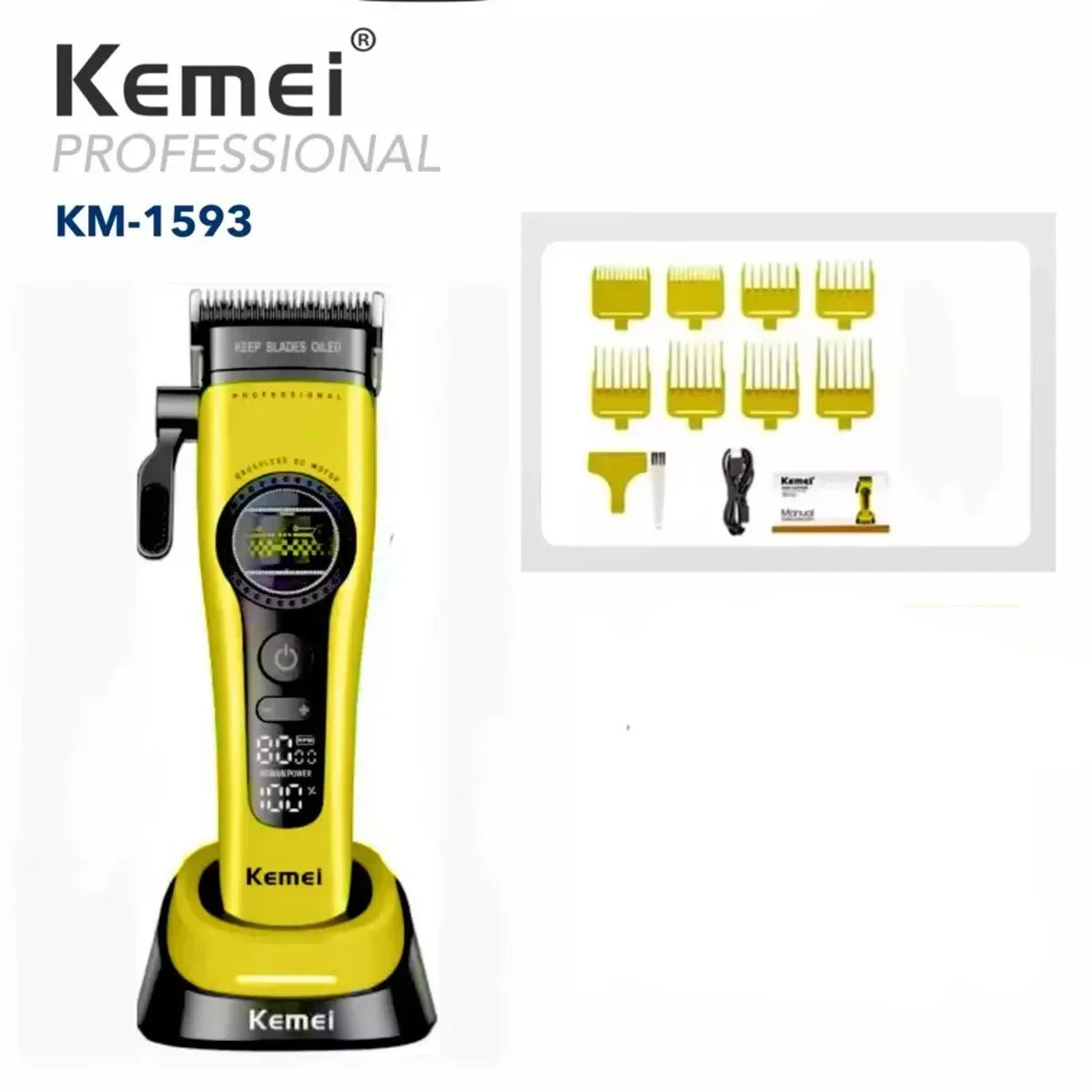 Kemei 1593 Barber Professional Hair Clipper Rechargeable Trimmer Electric Hair Cutting Machine External Rotor Brushless Motor