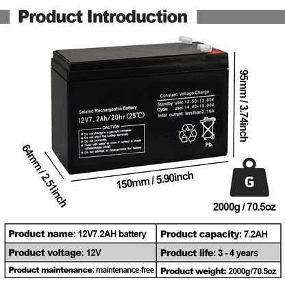 12V 7.2AH Maintenance Free Lead Acid Battery Solar Storage For RV Camping Emergency Power Home Backup