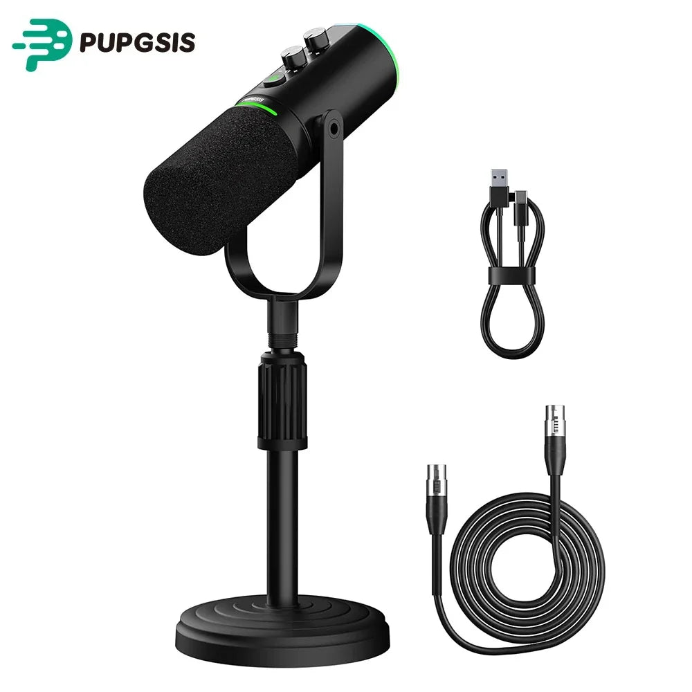 Pupgsis Dynamic Podcast Microphone for Studio, Cardioid XLR/USB Mic, AI Noise Cancellation, Mute Button, 3.5mm Headphone Jack for Monitoring, Volume Control, Microfono with Boom Arm