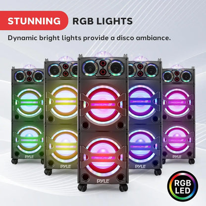 2000W Active Powered Outdoor Portable Bluetooth PA Speaker System with Party Lights, Microphone Input, USB/SD Card Reader, AUX/RCA/FM Radio, and Wheels