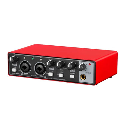 YAMNWEO MD21 Red USB Audio Interface Sound Card, 24Bit/192kHz Dual Channel Sound Card with Dual Inputs for Condenser Microphones & Guitars, Ideal for Live Streaming, Podcasting, Music Production and Live Performances