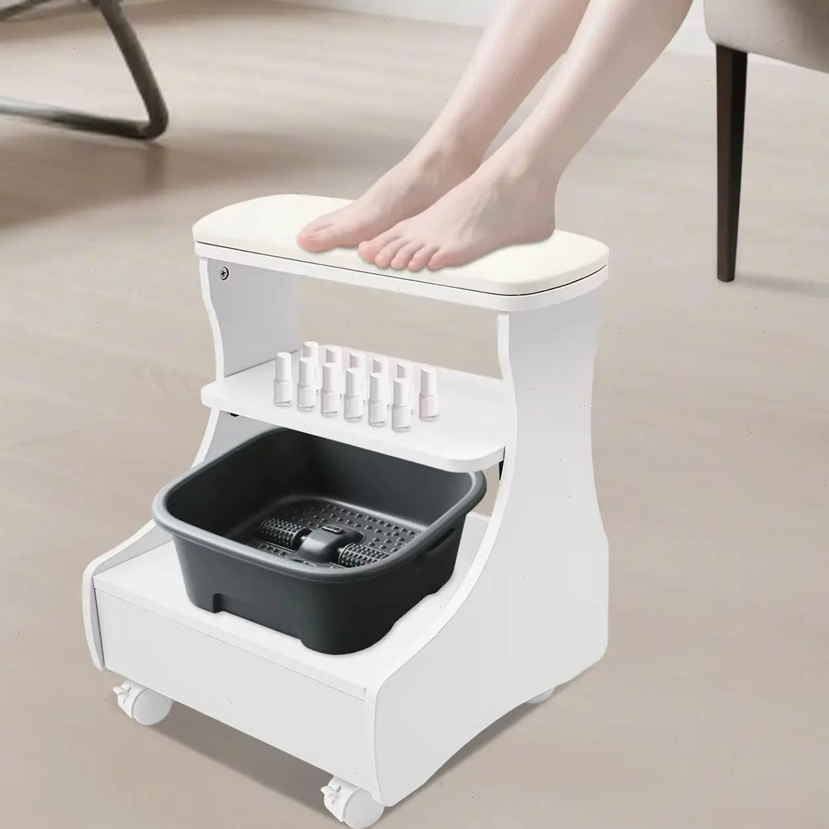 Home Wheeled Foot Bath Stool With Lockable Wheels Removable Storage Shelf Hidden Drawer Soft Skin-Friendly Cushion Lightweight Stable MDF Construction Easy Clean Multifunctional Foot Massage Pedicure Station For Bathroom Dail
