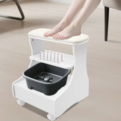 Home Wheeled Foot Bath Stool With Lockable Wheels Removable Storage Shelf Hidden Drawer Soft Skin-Friendly Cushion Lightweight Stable MDF Construction Easy Clean Multifunctional Foot Massage Pedicure Station For Bathroom Dail