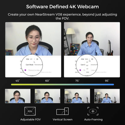 NearStream V08AF 4K UHD USB-C Webcam, AI Auto Framing, True Auto Focus, HNR Noise Cancelling Mic, 45–95° Adjustable FOV, Vertical Screen Support, NearSync Image Tuning, Plug & Play PC Camera for Meetings & Live Streaming