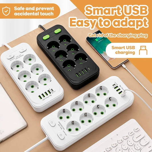 EU Plug AC Outlets Multitap Socket 2M Extension Cord Electrical Power Strip USB Type C Fast Charging Network Filter Adapter 1pc