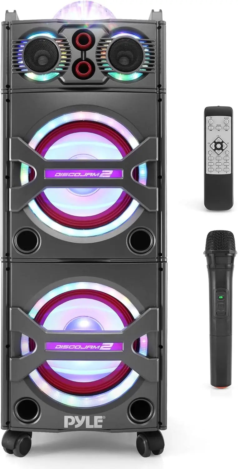 2000W Active Powered Outdoor Portable Bluetooth PA Speaker System with Party Lights, Microphone Input, USB/SD Card Reader, AUX/RCA/FM Radio, and Wheels