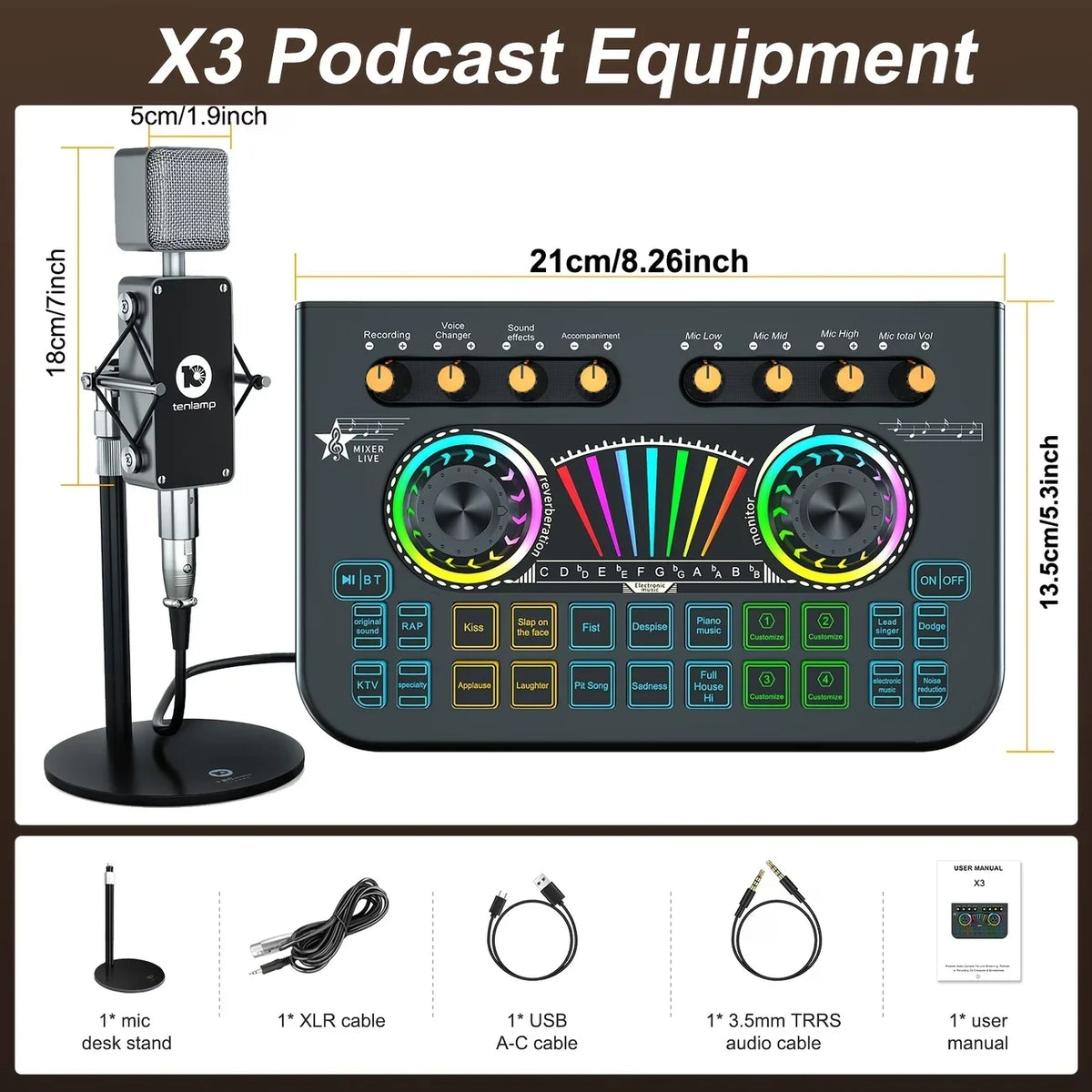 Tenlamp  X3-B333 Mic Mixer Set Podcast Influencer KOL Singing Gaming DJ Mixing Station Controller Equipment Studio Recording Electronic Music Mixer Power Karaoke Machine Available Dynamic Condenser Wireless Microphone Microfo