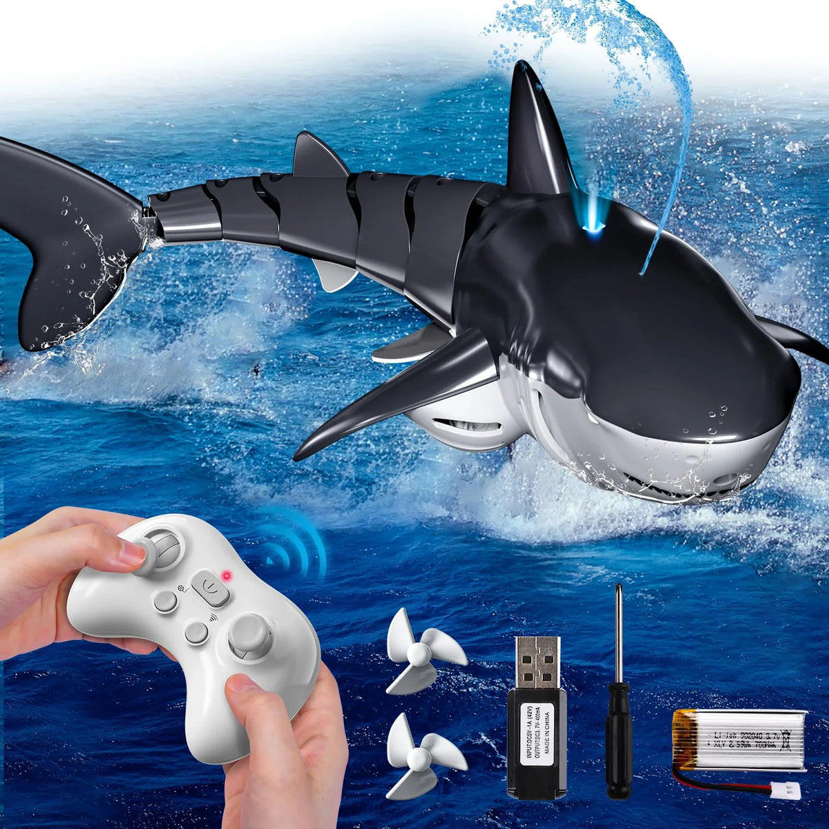 2.4GHz RC Shark Boat Toy for Kids Boys, Remote Control Shark with Water Spray LED Lights, Pool Lake Water Toy Gift Outdoor Play