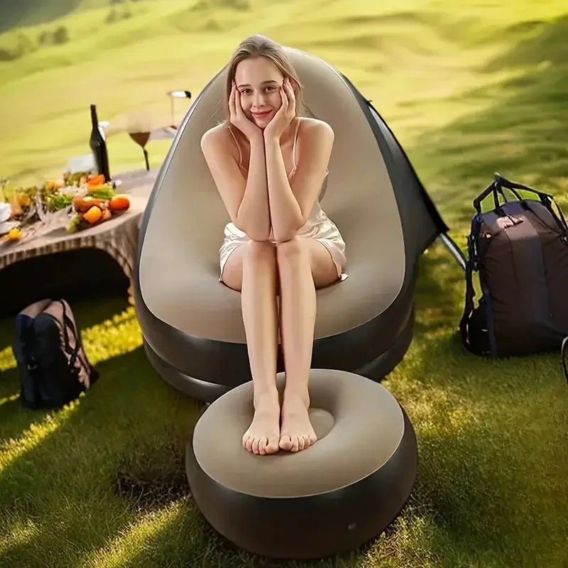 2Pcs Lazy Sofa Inflatable Chair Folding Recliner Outdoor Sofa Bed with Footrest Indoor and Outdoor Portable Folding Air Mattress