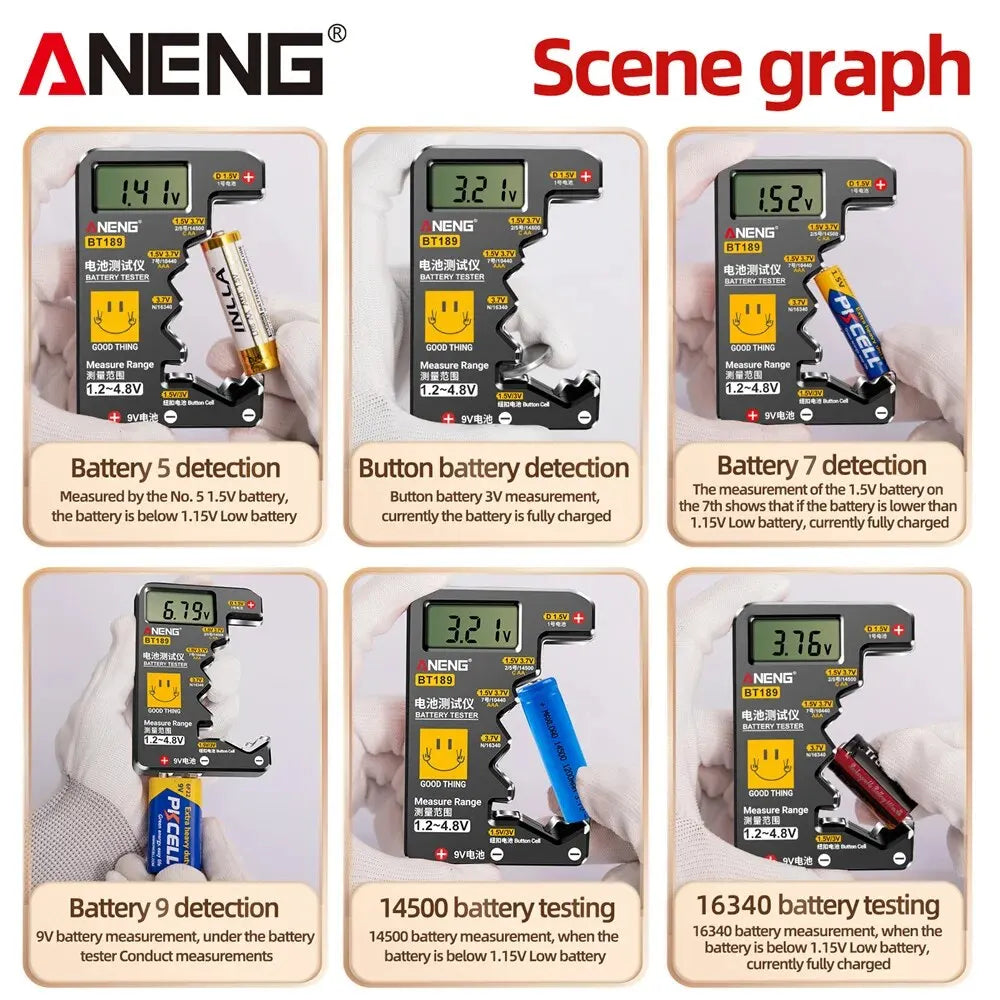 Battery Tester ANENG BT189 Digital Universal Detector Capacity Tester Display Checkered Gauge Analyzer AAA AA Button Cell Tests