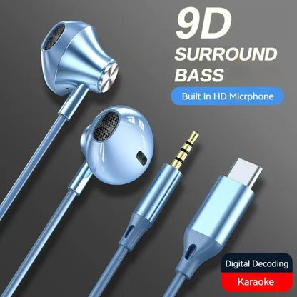 #9d Stereo Type C&3.5mm Gamers Headsets Wired Earphones In-Ear
