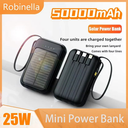Solar Power Bank Built in Cables Portable Charger External Spare Battery Mini Powerbank with LED Light for IPhone Xiaomi Huawei