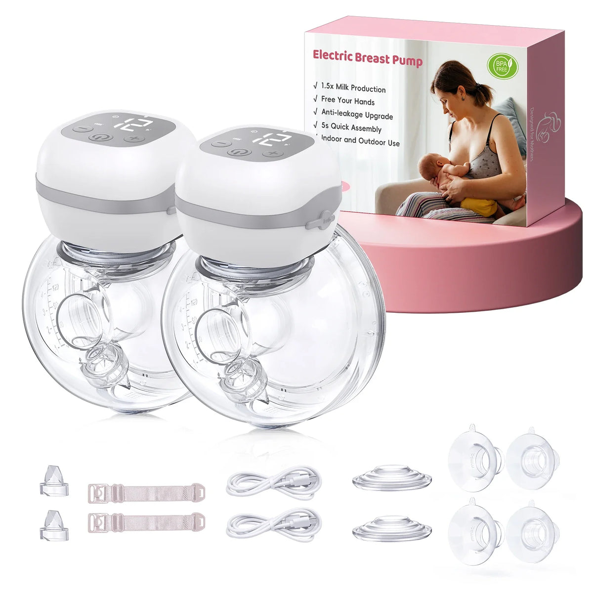 Updated Electric Breast Pump 21/24mm BPA-Free Breastpump 3 Modes & 12 Suction Levels Ultra Quiet 45dB for Working Moms & Travel