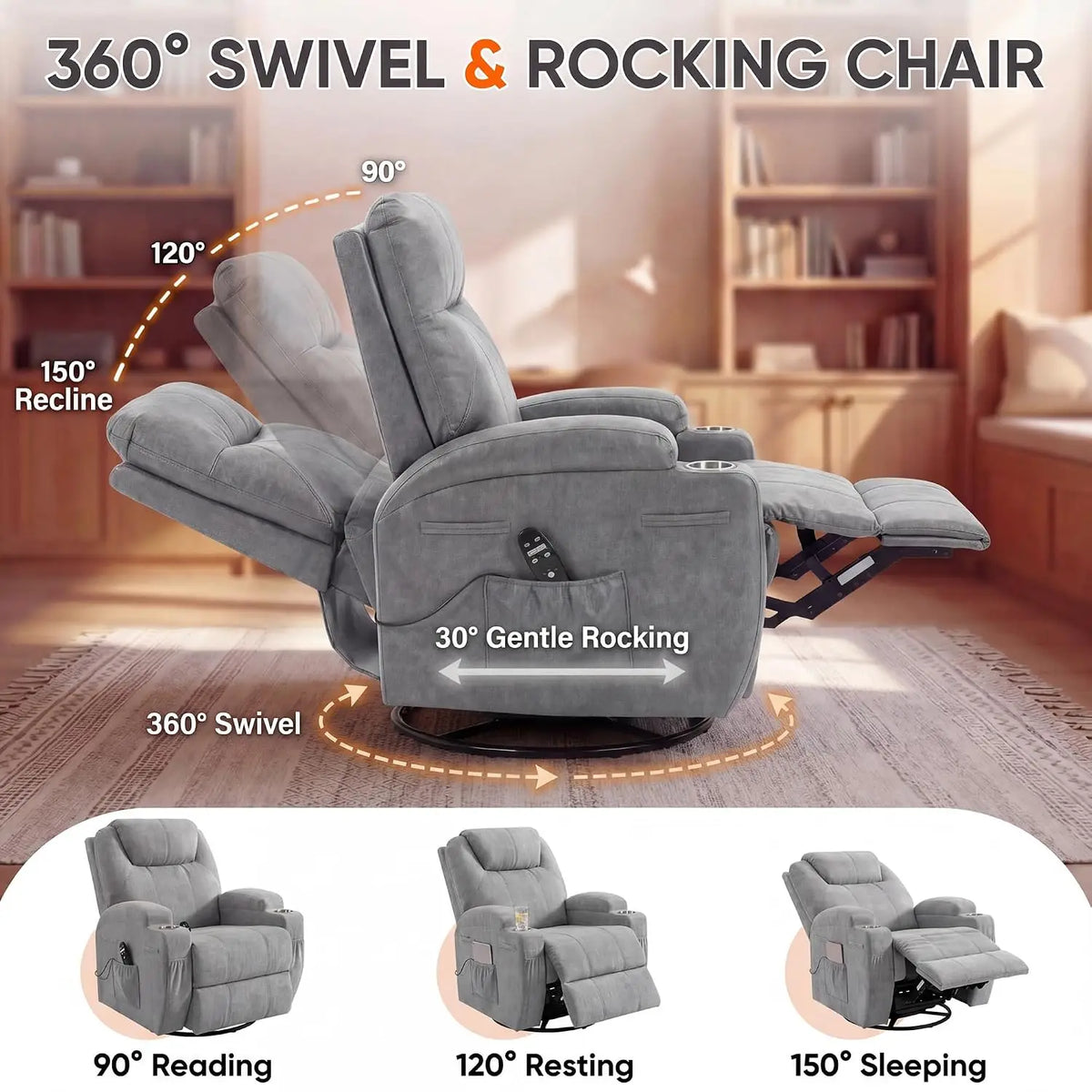 Small Swivel Rocker Recliner, Rocking Chair Recliner with Massage | 360 Upholstered Fabric Rocking Chair Recliner, Customized