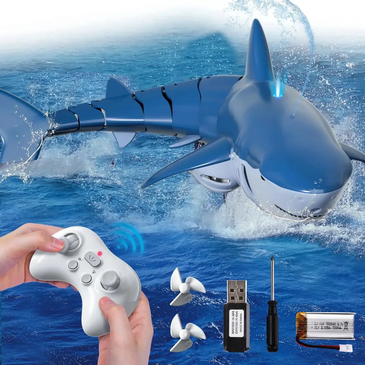 2.4GHz RC Shark Boat Toy for Kids Boys, Remote Control Shark with Water Spray LED Lights, Pool Lake Water Toy Gift Outdoor Play