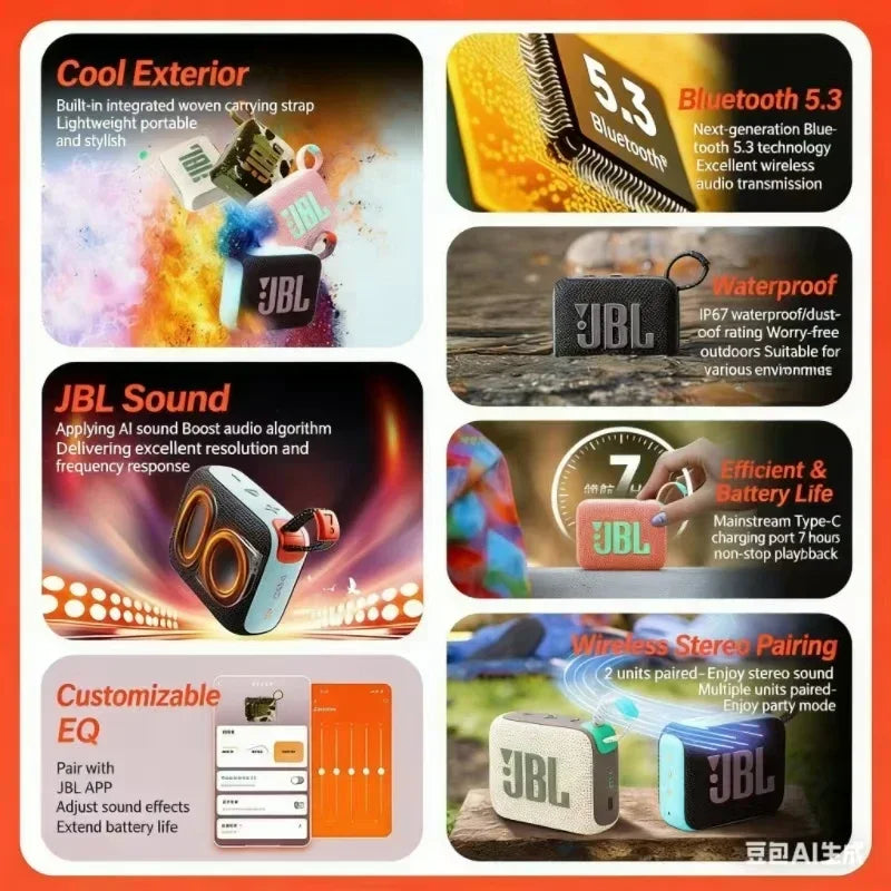 JBL GO 4 Music BRIC Wireless Bluetooth Audio Mini Waterproof Speaker Outdoor Subwoofer Portable Home