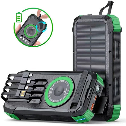 30000mAh Hand Crank Solar Power Bank Magnetic Wireless 22.5W Fast Charging for Airpods iWatch for iPhone 16 Powerbank with Light