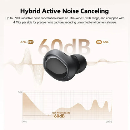 QCY MeloBuds A30 Wireless Earbuds Bluetooth 6.0 LDAC Hi-Res Audio -60dB Hybrid ANC Earphones AI Scene 8 Mics HD Call Headphones