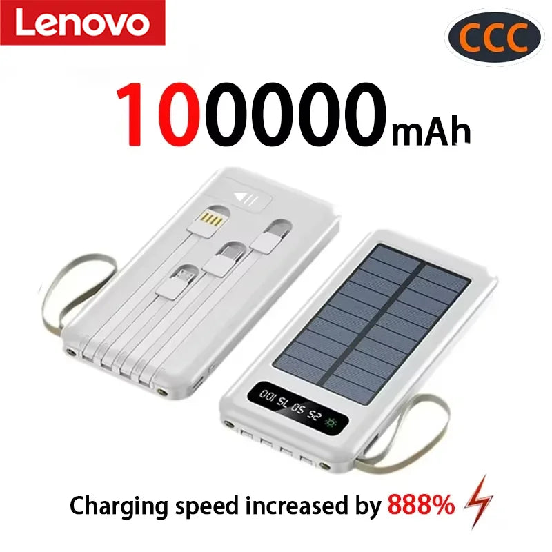 2026NEW Lenovo 200000mAh Large Capacity 4In1 Solar Power Bank Fast Charging Mobile Powerbank Portable External Battery ForiPhone