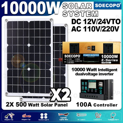 SOECOPO 10000W Complete Solar Kit 2×500W Panels, 12V/24V To 110V/220V Inverter Two Socket 100A Controller – For Home Camping