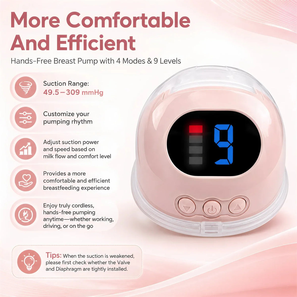 Wearable Electric Breast Pumps 4 Modes 9 Levels Portable Hands Free Breast Pump Silent Comfort for Portable Work Home Travel