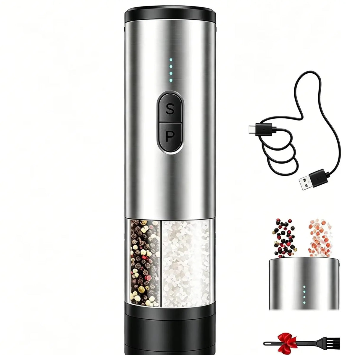 Rechargeable Electric Salt and Pepper Grinder with LED Light, Adjustable Coarseness, Designed for One-Handed Kitchen Cooking