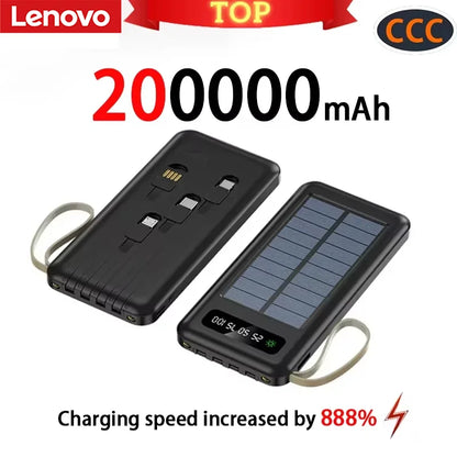 2026NEW Lenovo 200000mAh Large Capacity 4In1 Solar Power Bank Fast Charging Mobile Powerbank Portable External Battery ForiPhone