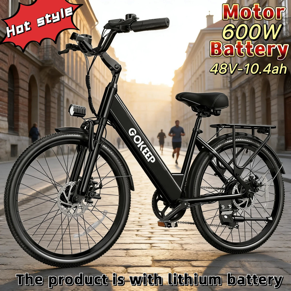 26-inch fashionable E-Bike, 7-speed variable speed adult electric bicycle, 600W brushless motor 48V-10.4ah battery electric mope