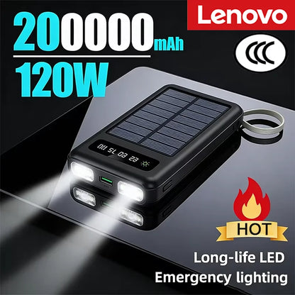 2026NEW Lenovo 200000mAh Large Capacity 4In1 Solar Power Bank Fast Charging Mobile Powerbank Portable External Battery ForiPhone