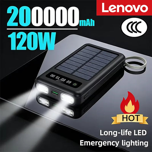 2026NEW Lenovo 200000mAh Large Capacity 4In1 Solar Power Bank Fast Charging Mobile Powerbank Portable External Battery ForiPhone