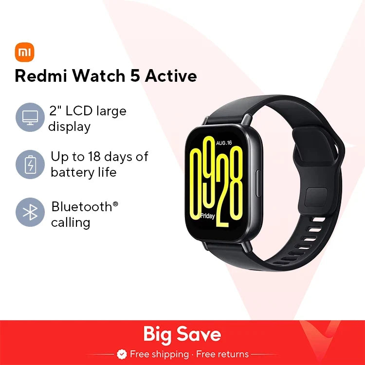 Global Version Xiaomi Redmi Watch 5 Active 2'' Display Up to 18 days of battery life 140+ Workout Modes Bluetooth Calling 5ATM