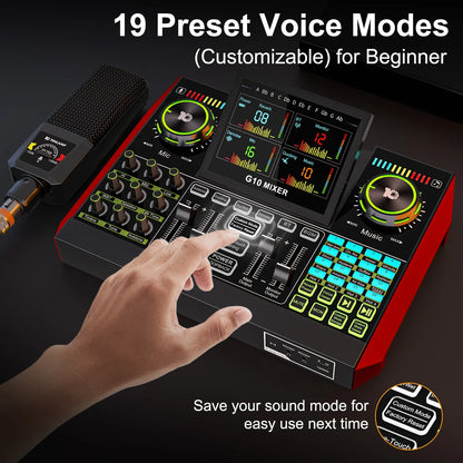 Tenlamp G10 Podcast Equipment Bundle 6 Channel with 3.5mm Microphone and Live Sound Card,RGB Streaming with XLR Gaming Audio Interface Professional Mixer for Podcasting, Influencers, Kols, Singing, Gaming, And Djing