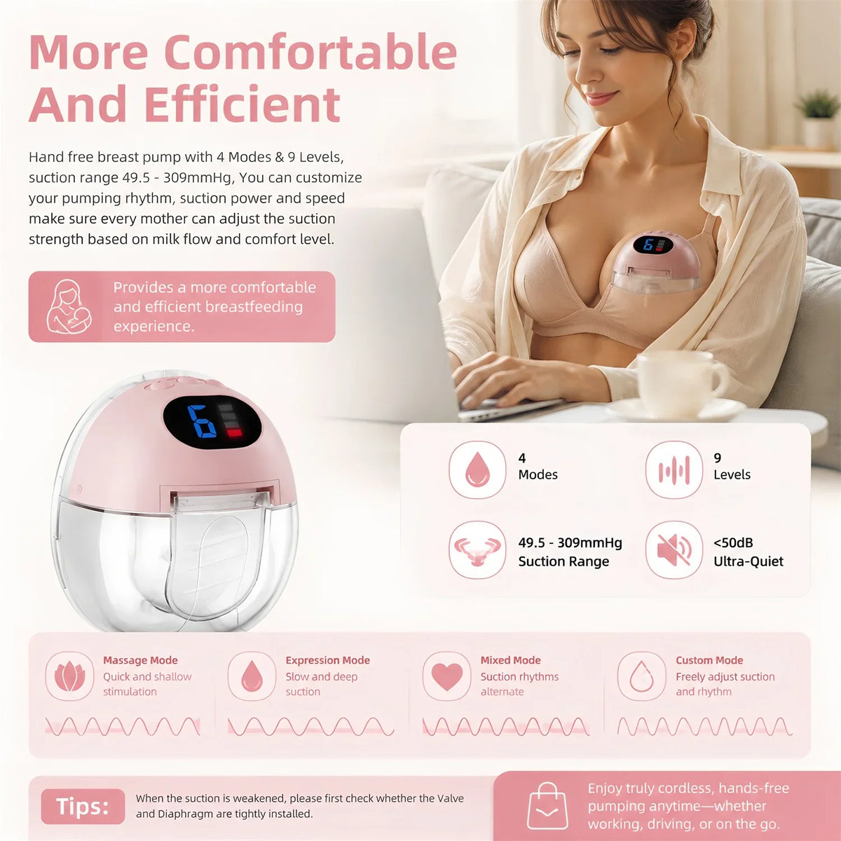 Adjustable Suction Wearable Electric Breast Pump Hands‑Free In‑Bra Design Quiet Portable Breast Milk Pump for Daily Breastfeedin