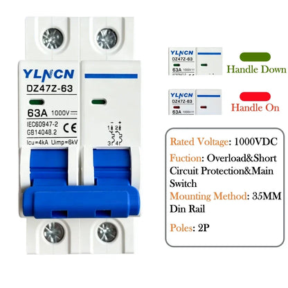 Solar DC MINI Circuit Breaker 20/25/32/40/50/63A 2P 1000VDC DC MCB Overload Short Circuit Protection For Panel Inverter Home