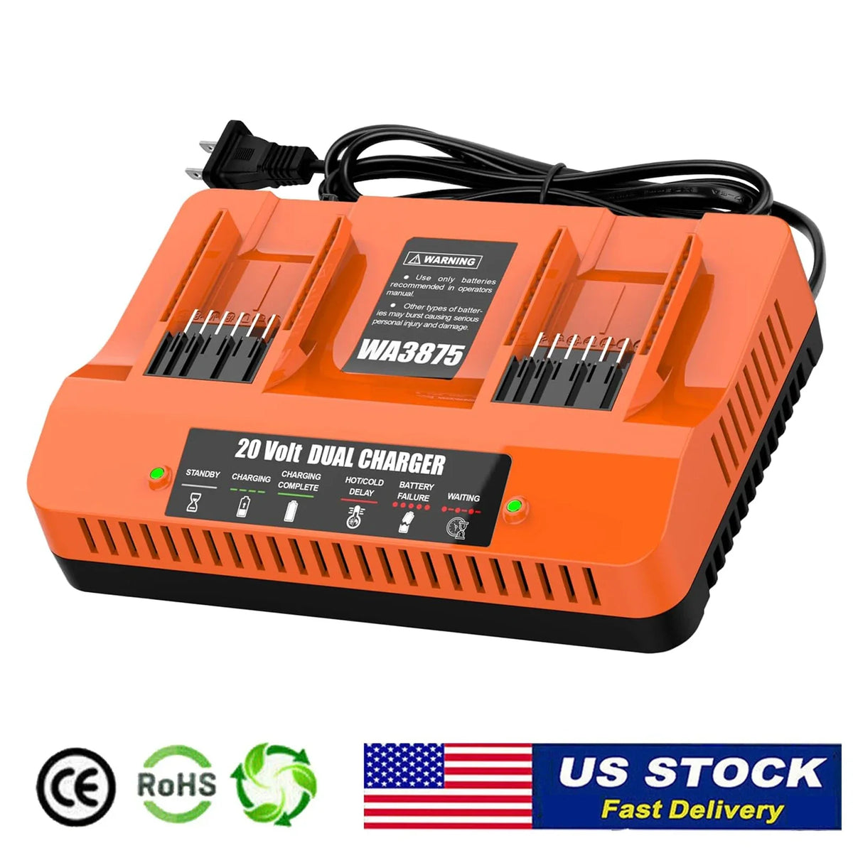 Powilling 2Port WA3875 Fast Charger for Worx 20v Battery WA3525, WA3520, WA3575, WA357