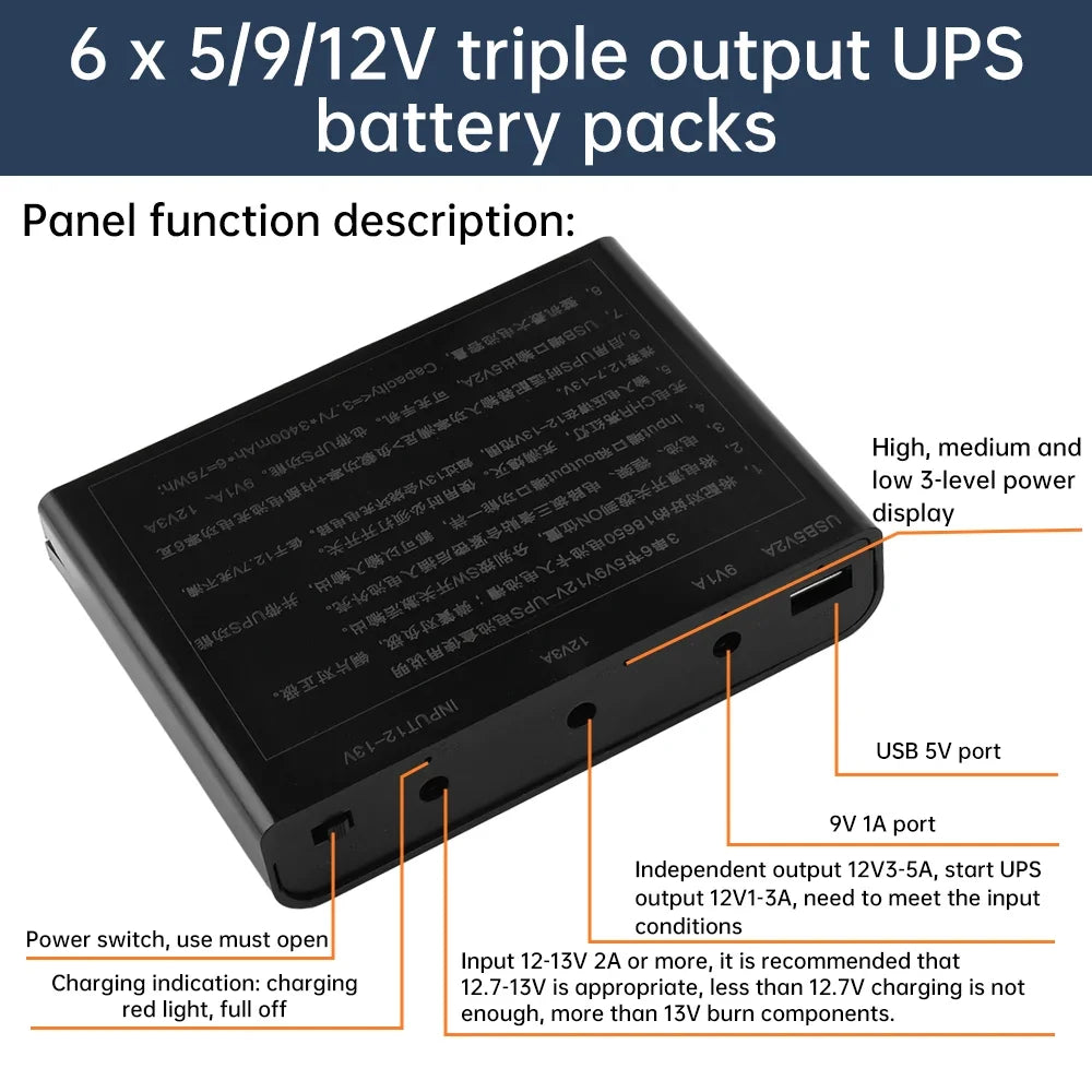 DC UPS 5V 9V 12V Output 6x 18650 Battery  Uninterrupted Power Supply DIY Power Bank Box for House Router Cellphone Tablet Modem