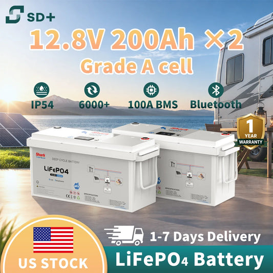 SANDISOLAR 2PCS 12V 200Ah LiFePO4 Battery 2560Wh Deep Cycle Lithium Battery 100A BMS 6000+ Cycles for Solar System RV Marine