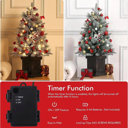 2PCS 3ft Pre-Lit Artificial Christmas Tree with 78 LED Lights, Snow Flocked Mini Xmas Tree with Timer Function, Battery Operated Small Holiday Tree for Home Office Tabletop Decor