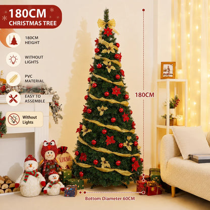 Folding Christmas Tree with LED Lights and Christmas Flowers Telescopic Artificial Christmas Tree 150CM/180CM Home Decoration
