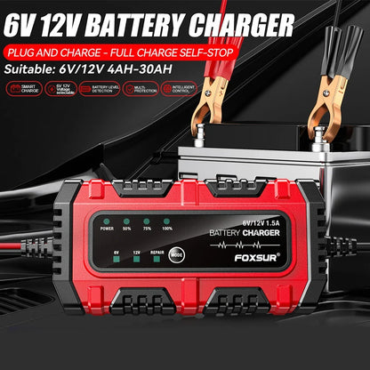 6V/12V 1.5A Multiple Protection Lead-Acid Battery Charger Car Motorcycle Battery Full Intelligent Intelligent Pulse Repair