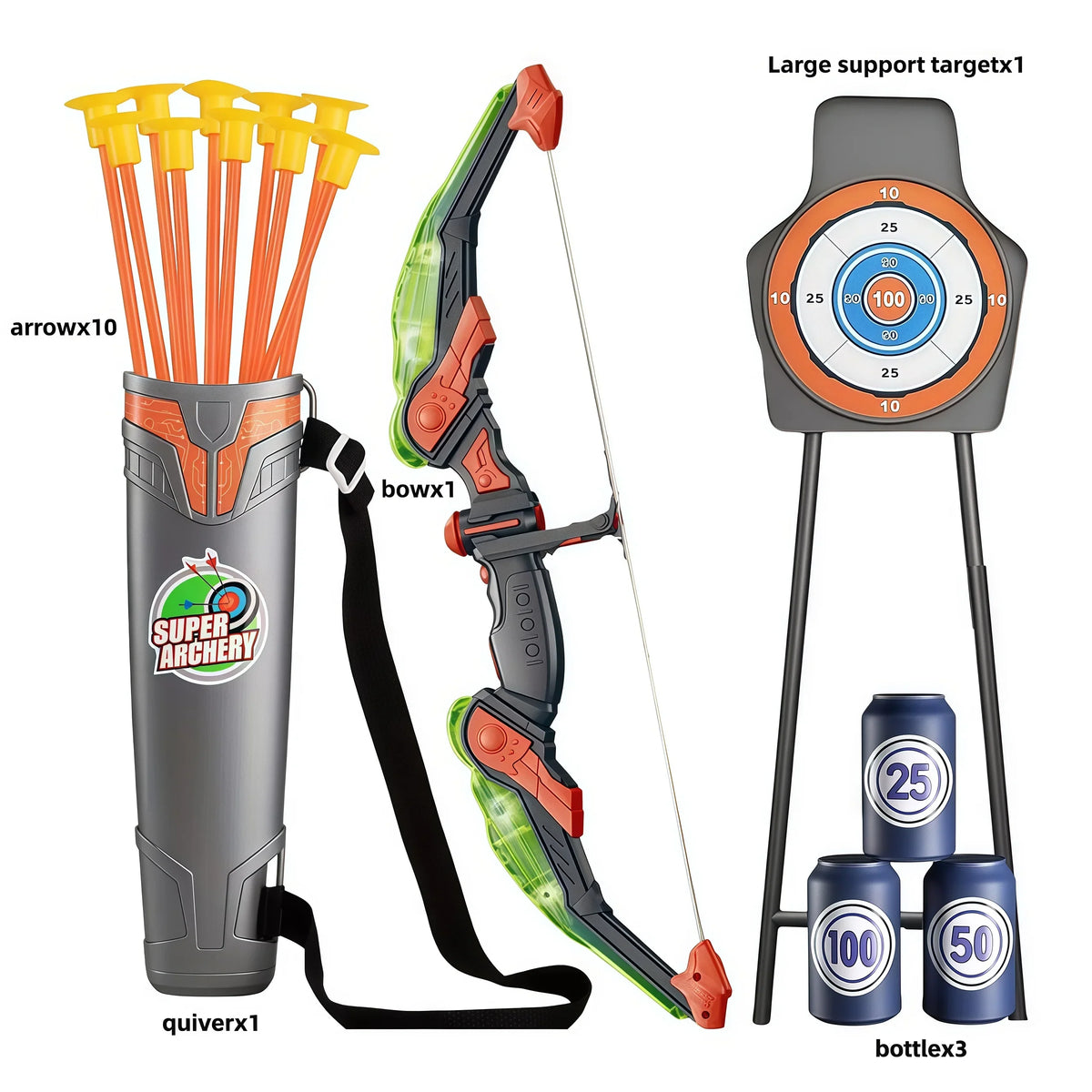 Bow and Arrow Set for Kids, LED Light Archery Playset, 10 Suction Cup Arrows, Big Support Dartboard, Birthday Gifts for Boys