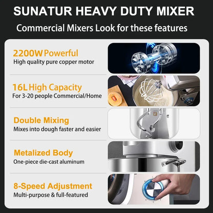 SUNATUR 16L Stand Mixer 2200w electric kitchen blender Commercial Food processor Large capacity Two kneading hooks dough mixer