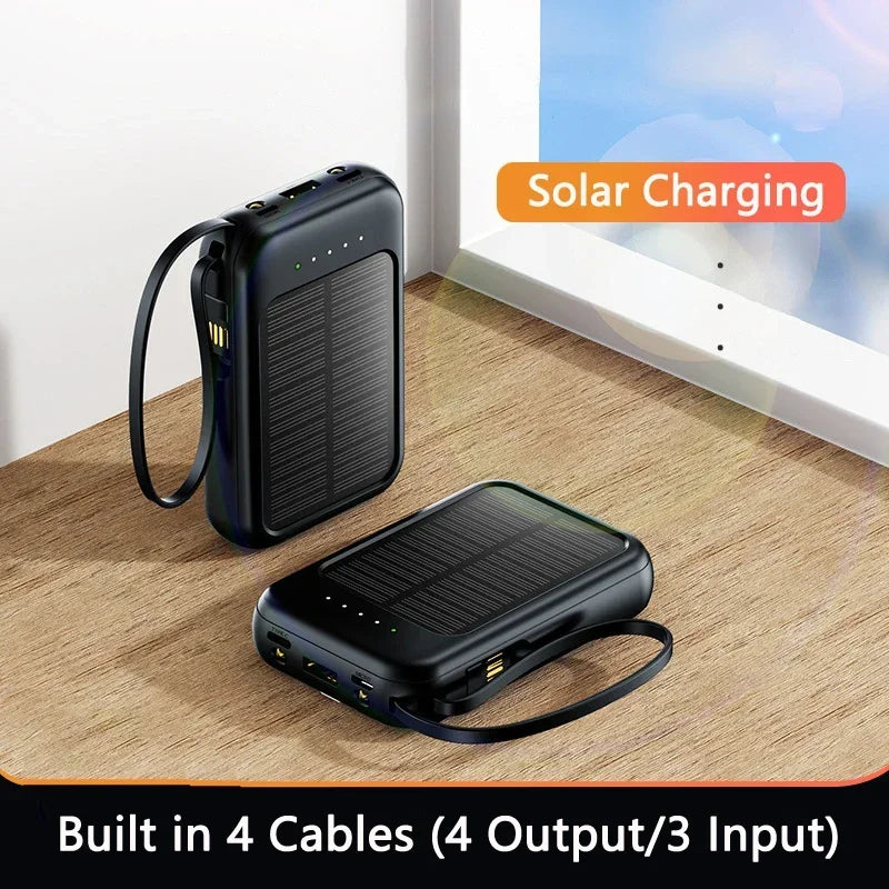 Solar Power Bank Built in Cables Portable Charger External Spare Battery Mini Powerbank with LED Light for IPhone Xiaomi Huawei