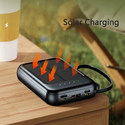 Solar Power Bank Built in Cables Portable Charger External Spare Battery Mini Powerbank with LED Light for IPhone Xiaomi Huawei