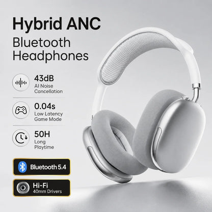 ANC Bluetooth Headphones Wireless Earphones Over Ear 43dB Noise Cancelling HiFi Stereo 50H Playtime Bluetooth 5.4 AUX Cable