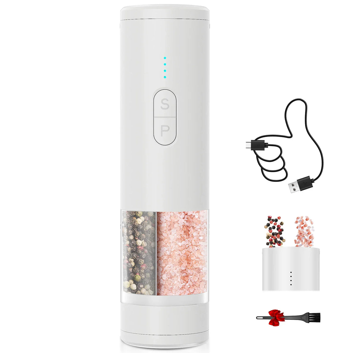 Rechargeable Electric Salt and Pepper Grinder with LED Light, Adjustable Coarseness, Designed for One-Handed Kitchen Cooking