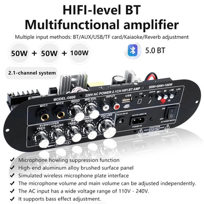 D800 Bluetooth 5.0 Digital Amplifier Board 2.1 Channel 50W+50W+100W HiFi Subwoofer Audio AMP for Home and Outdoor Sound Systems