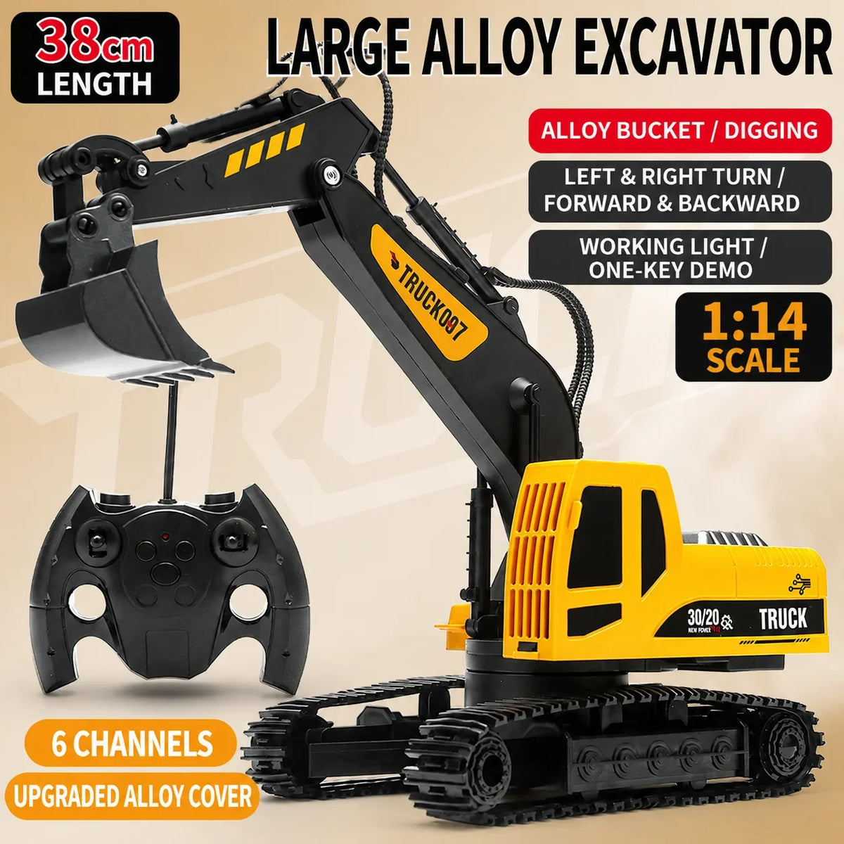 1:14 Remote Control Excavator, 6 Channels, 360° Rotation, Rechargeable Lithium Battery, Alloy Bucket, Durable Tracks, Kids Toy